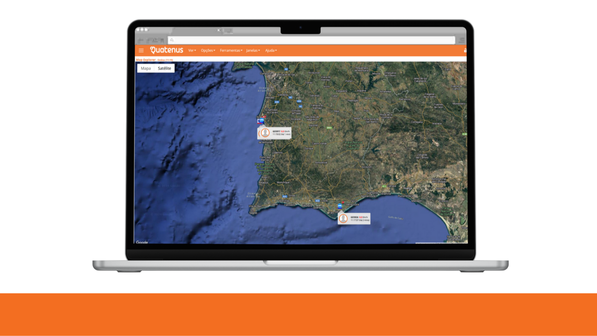 Laptop displaying a geographic map in the Quatenus platform for real-time asset location and monitoring